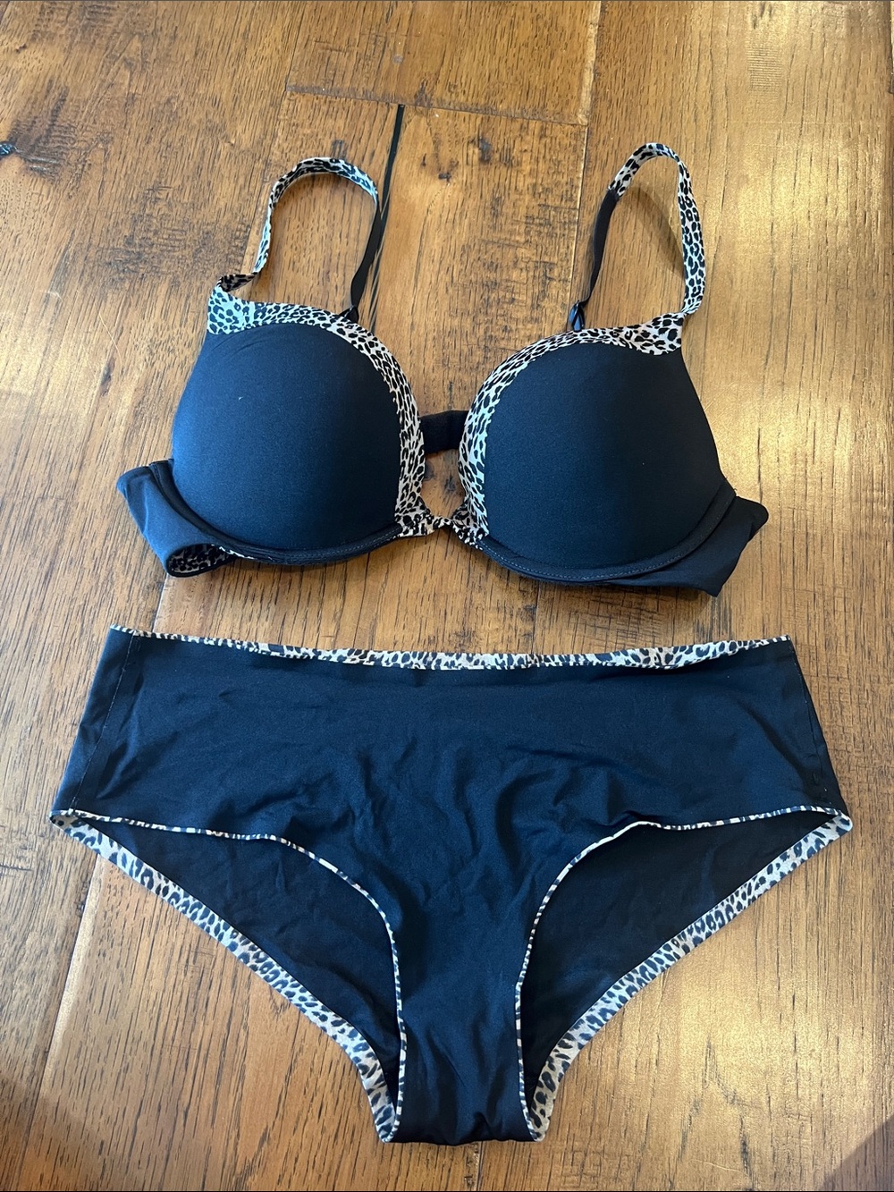 Victoria's Secret Black Push Up Bra and Panty with Leopard Trim